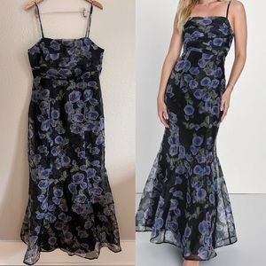 Black Floral Organza Pleated Mermaid Maxi Dress XL